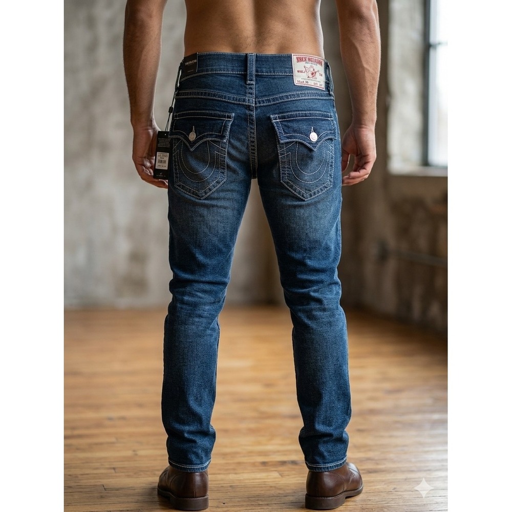 Men's True Religion Rocco Big T Flap Relaxed Skinny Jeans 36x32 700677 Dark Wash